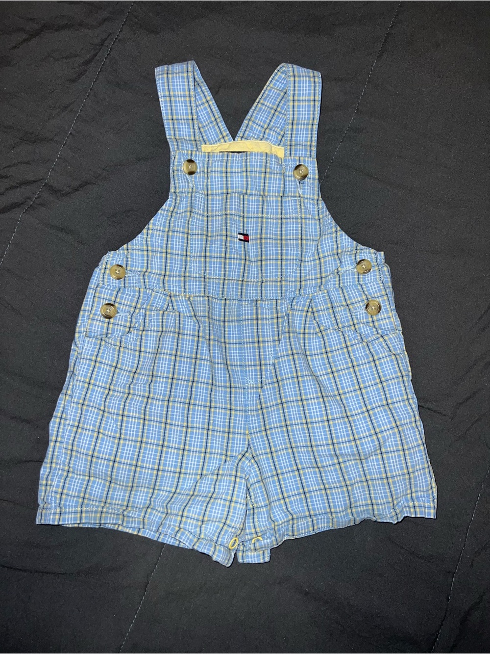 Tommy Hilfiger Light Blue Plaid Kids Short Overalls